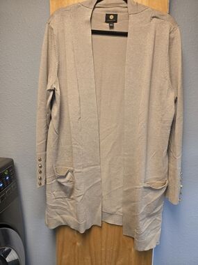 JM Collection Taupe Open-Front Long Cardigan with Button Cuffs